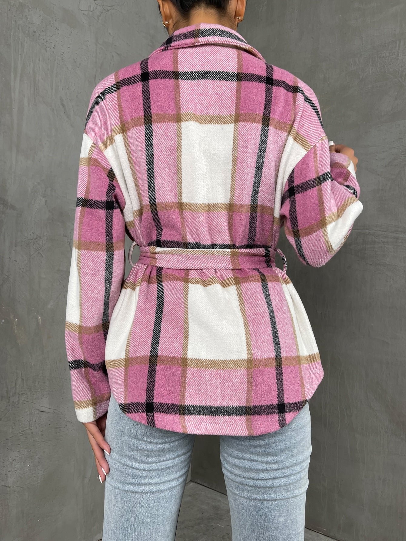 Plaid Flap Pocket Drop Shoulder Belted Overcoat