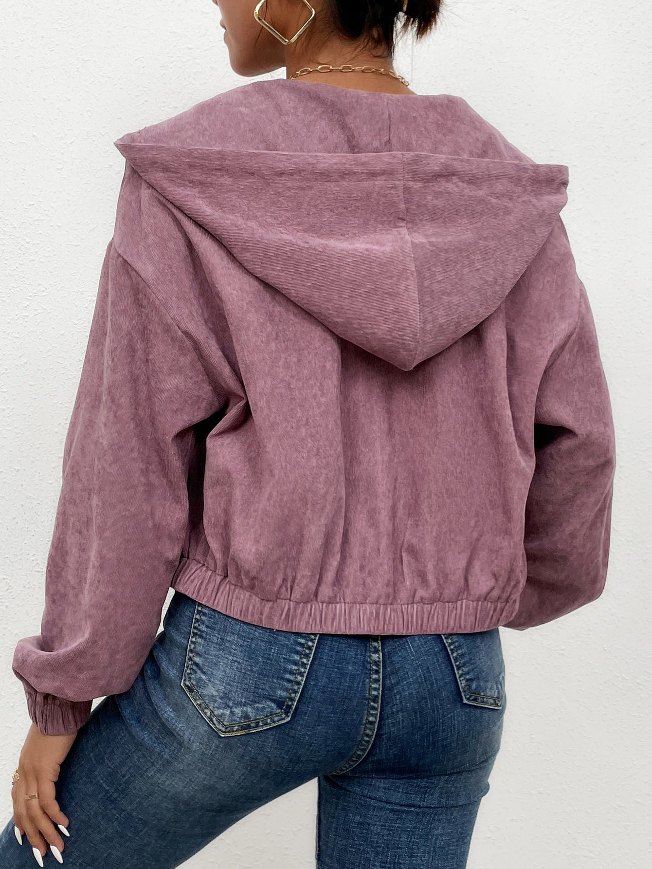 Drop Shoulder Drawstring Hooded Corduroy Jacket