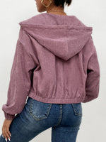 Drop Shoulder Drawstring Hooded Corduroy Jacket
