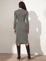 Houndstooth Overlap Collar Bodycon Dress