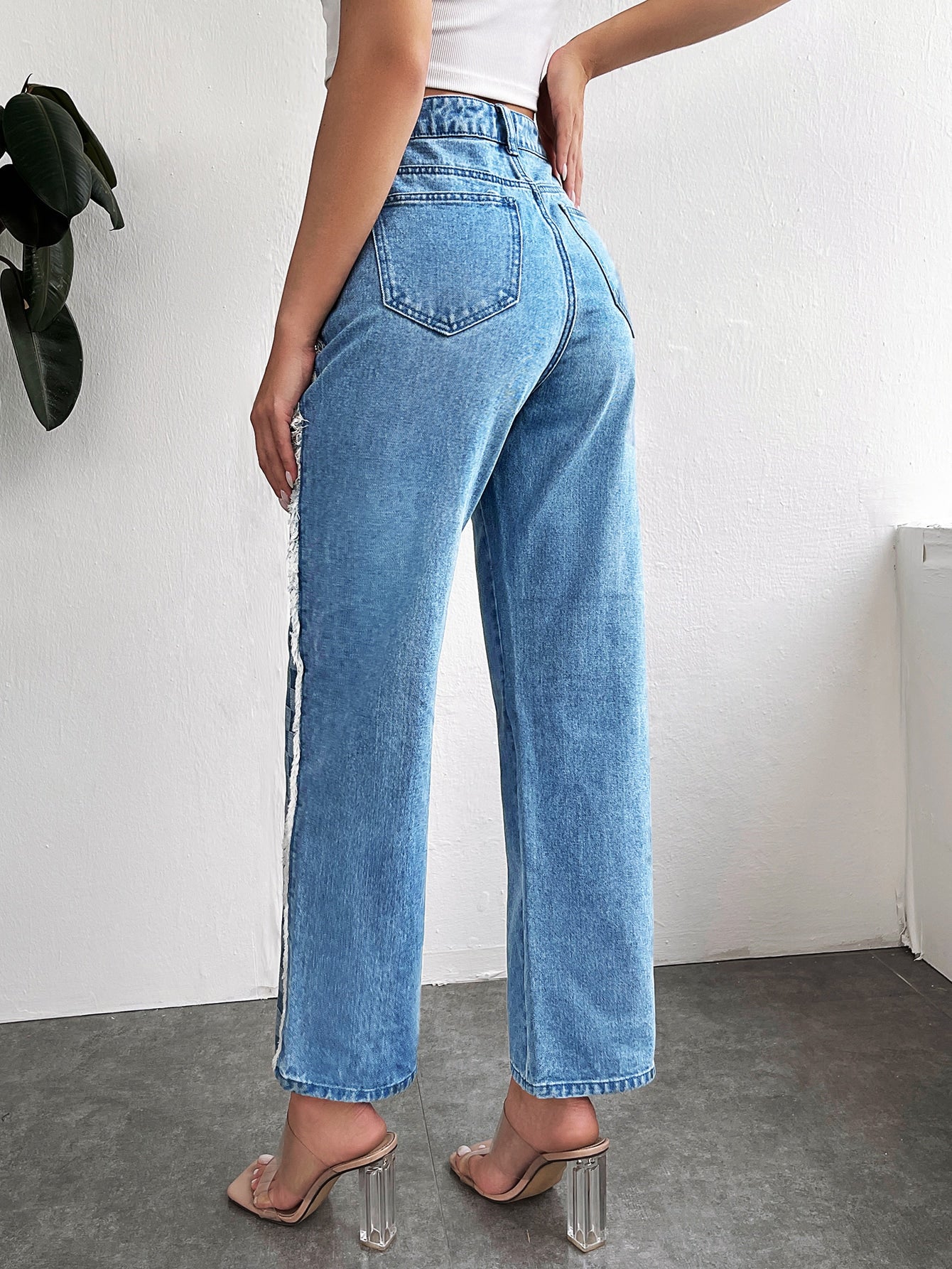 Checker Print Frill Trim Jeans