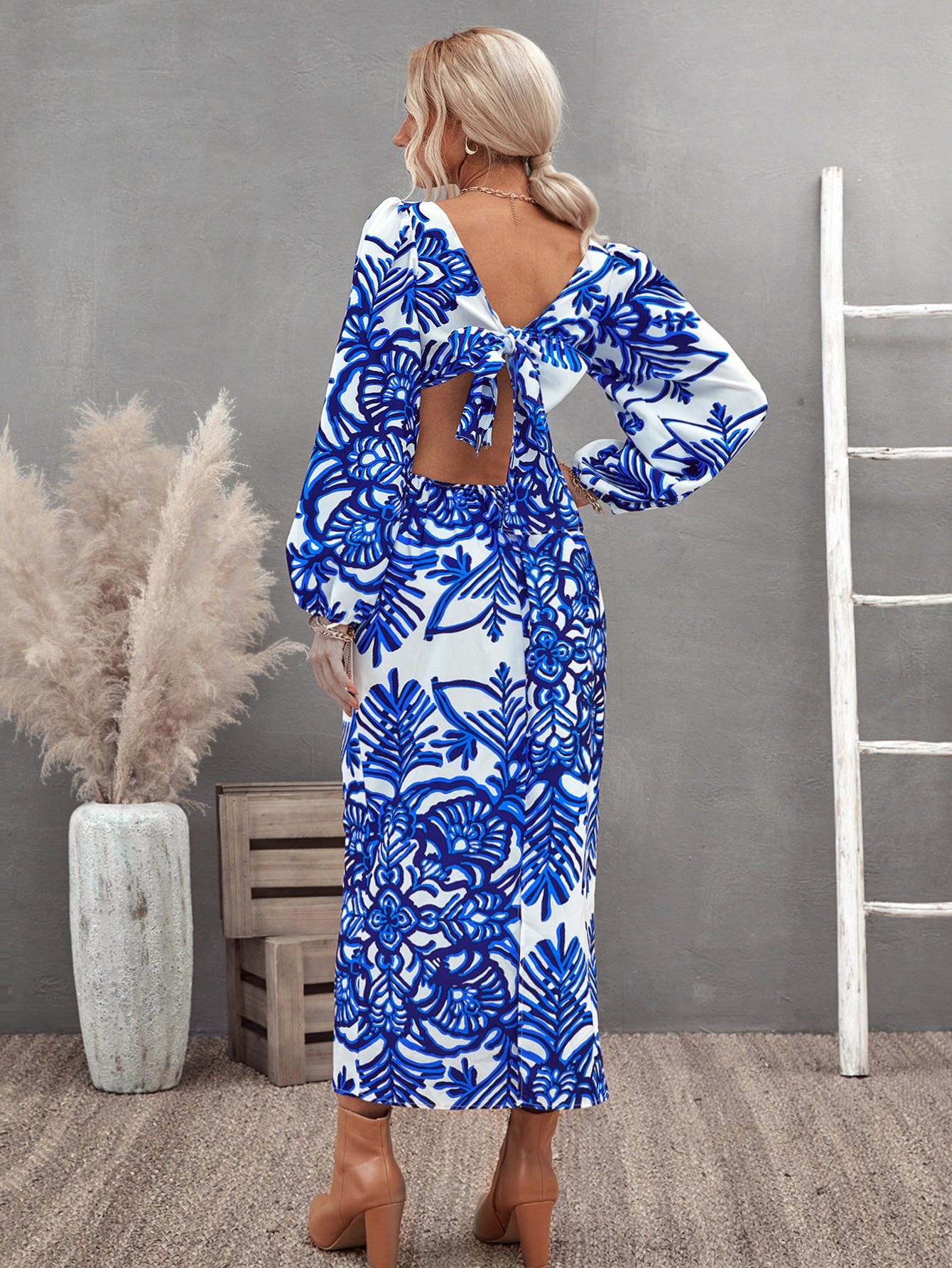 Floral Print Lantern Sleeve Cut Out Tie Back Dress