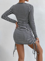 Houndstooth Drawstring Side Bodycon Dress