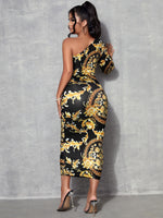 Baroque Print One Shoulder Cut Out Bodycon Dress