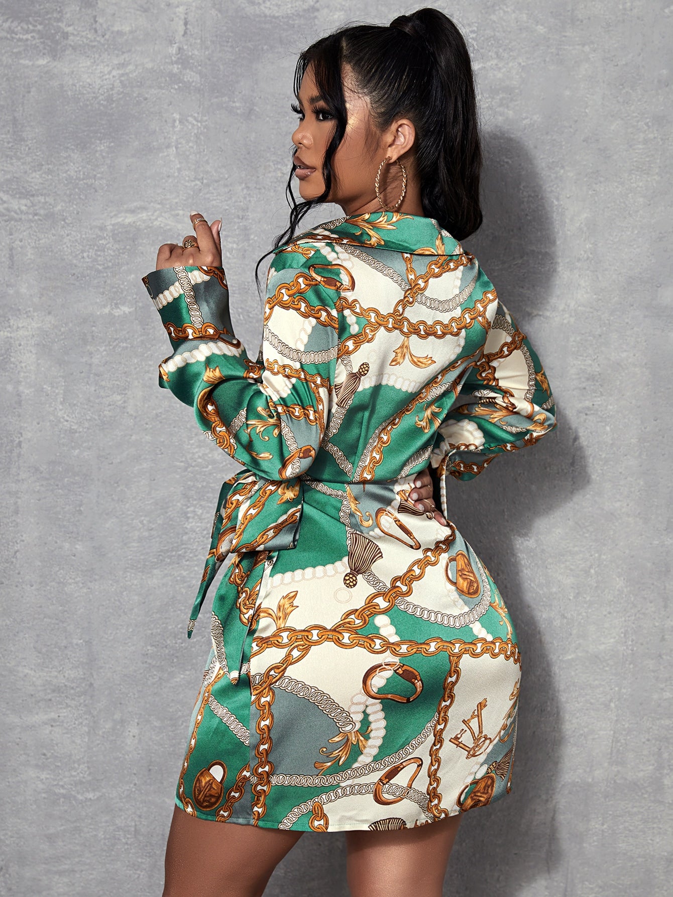 Chain Print Knot Side Shirt Dress