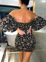 Off Shoulder Floral Print Chiffon Bodycon Dress