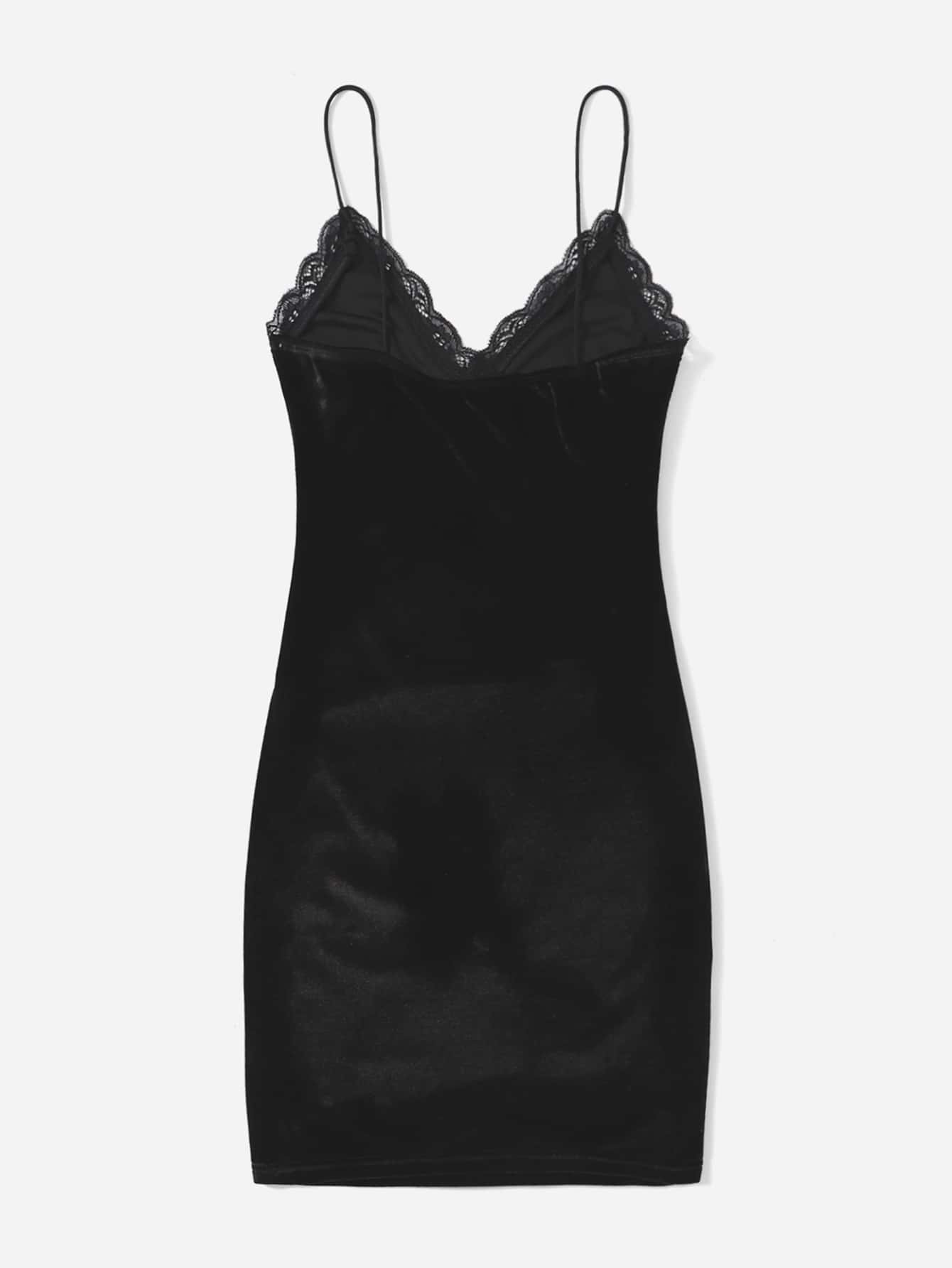 Lace Trim Velvet Cami Dress