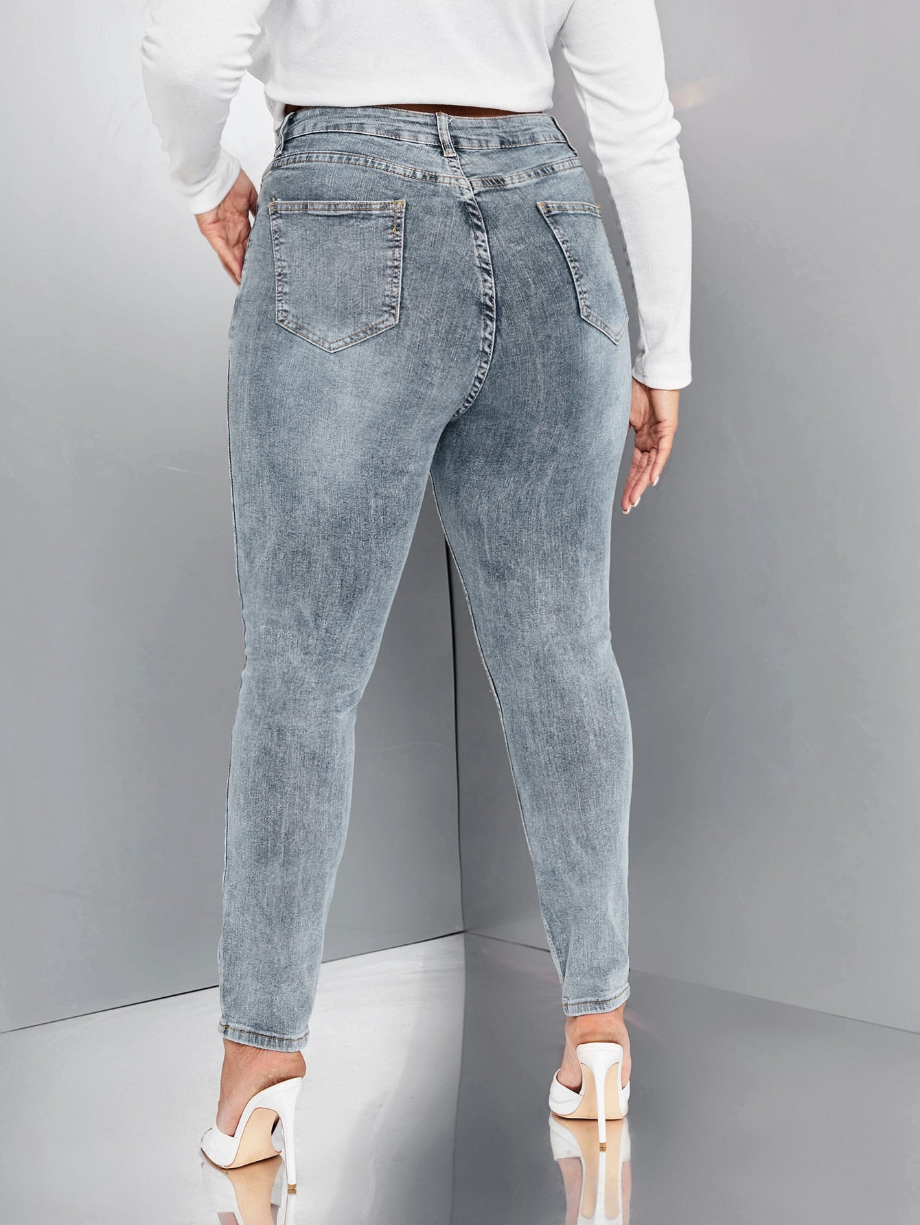 RECYCLED DENIM Plus Slant Pocket Ripped Skinny Jeans