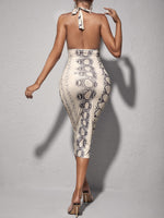 Snakeskin Print Tie Backless Halter Bodycon Dress