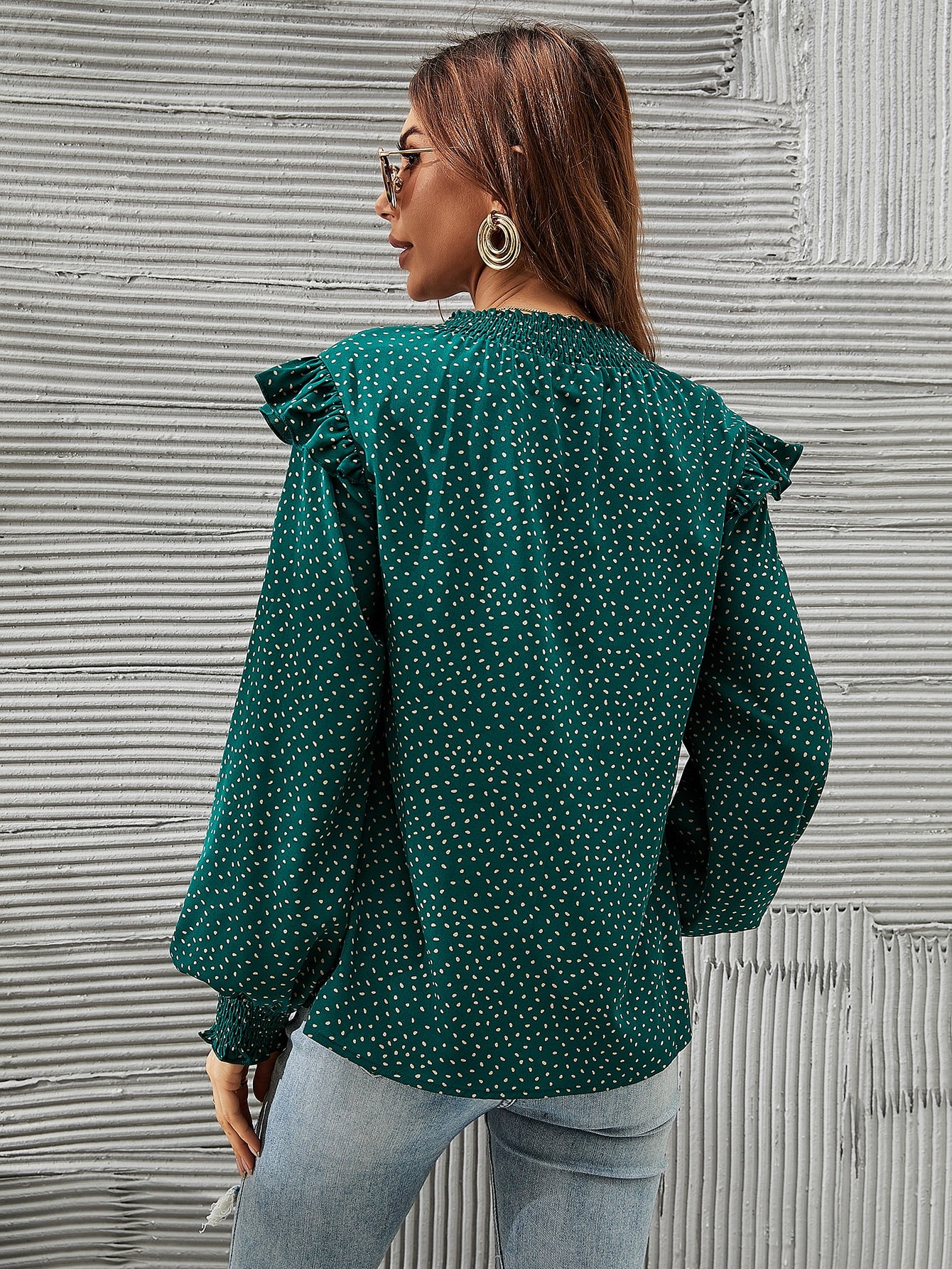 Allover Print Shirred Cuff Lantern Sleeve Ruffle Trim Tie Neck Blouse