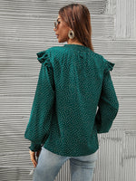 Allover Print Shirred Cuff Lantern Sleeve Ruffle Trim Tie Neck Blouse