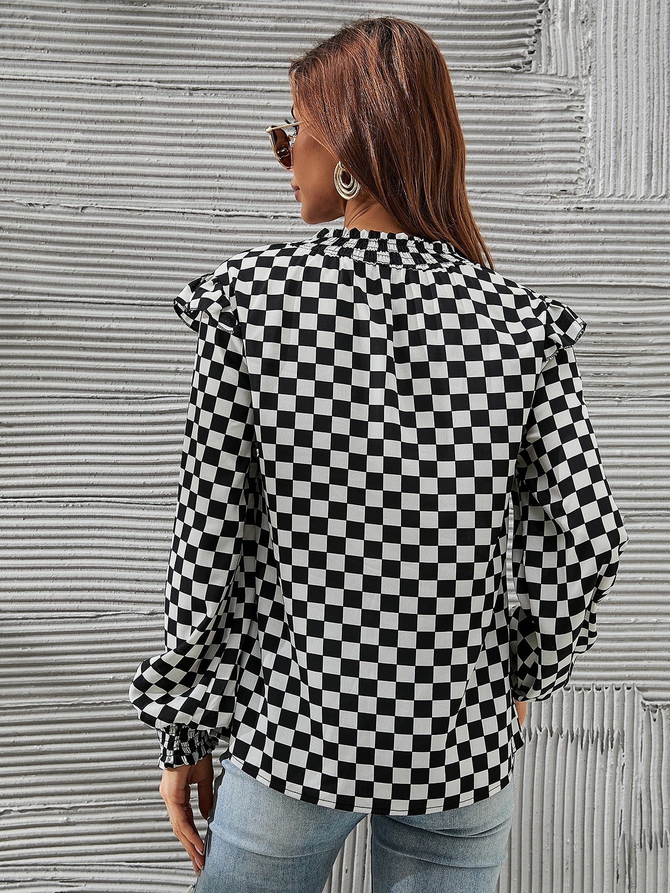 Checker Print Ruffle Trim Shirred Cuff Blouse