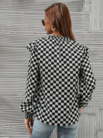 Checker Print Ruffle Trim Shirred Cuff Blouse
