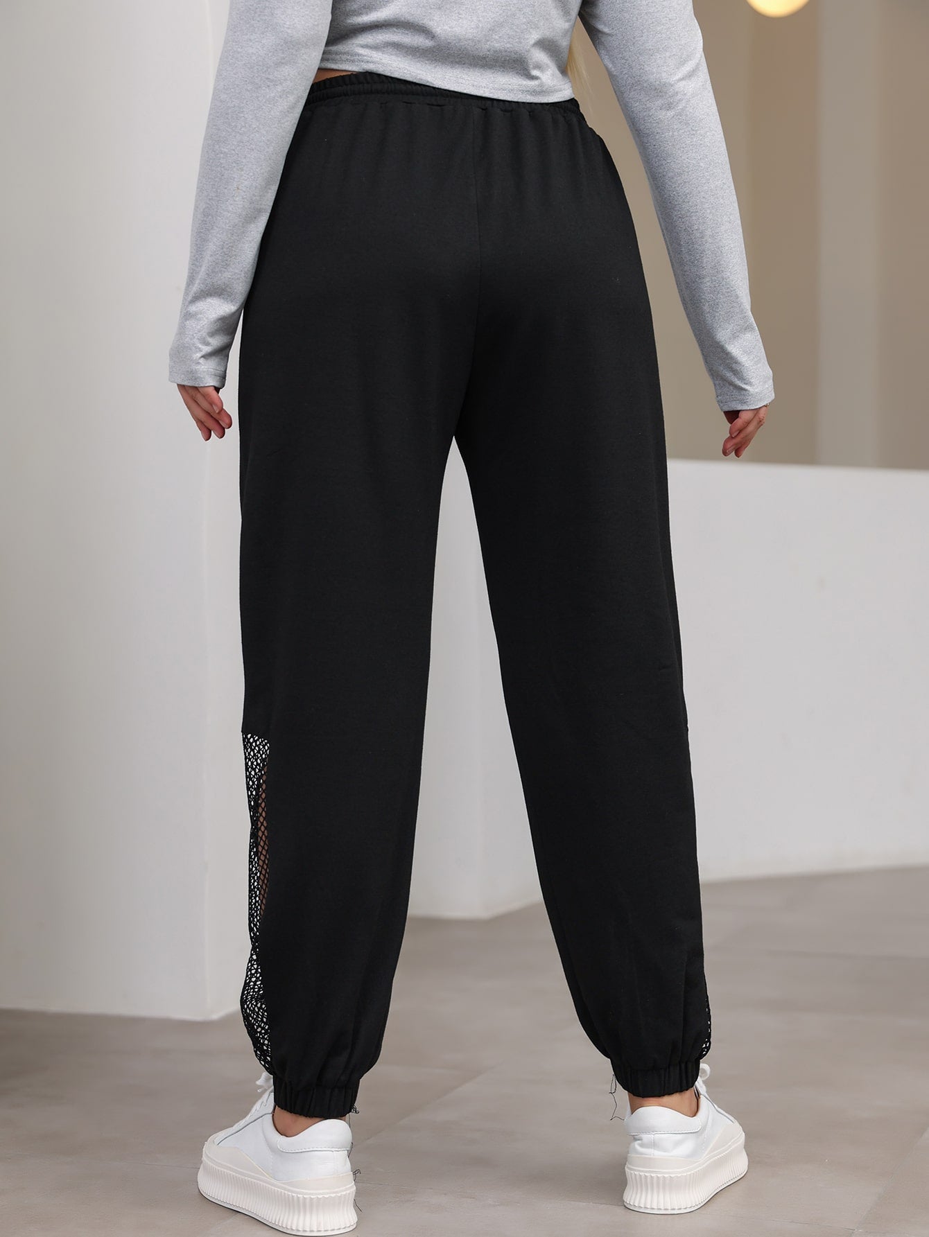 Plus Contrast Fishnet Drawstring Waist Sweatpants