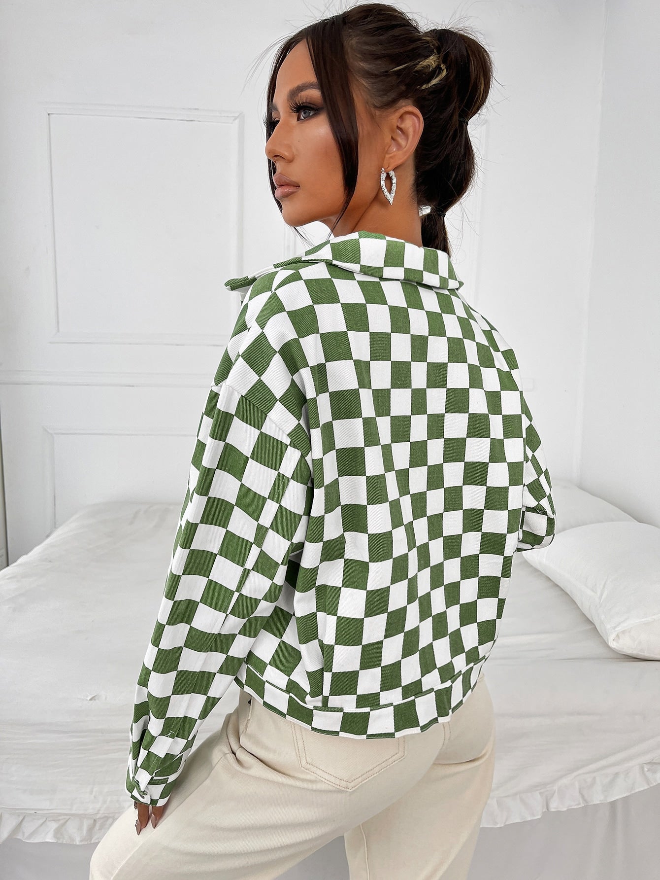 Checker Print Flap Pocket Drop Shoulder Jacket