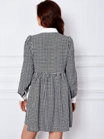 Houndstooth Rhinestone Bow Front Bishop Sleeve Tweed Dress