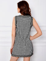 Houndstooth Pattern Raw Trim Pearl Beaded Tweed Dress