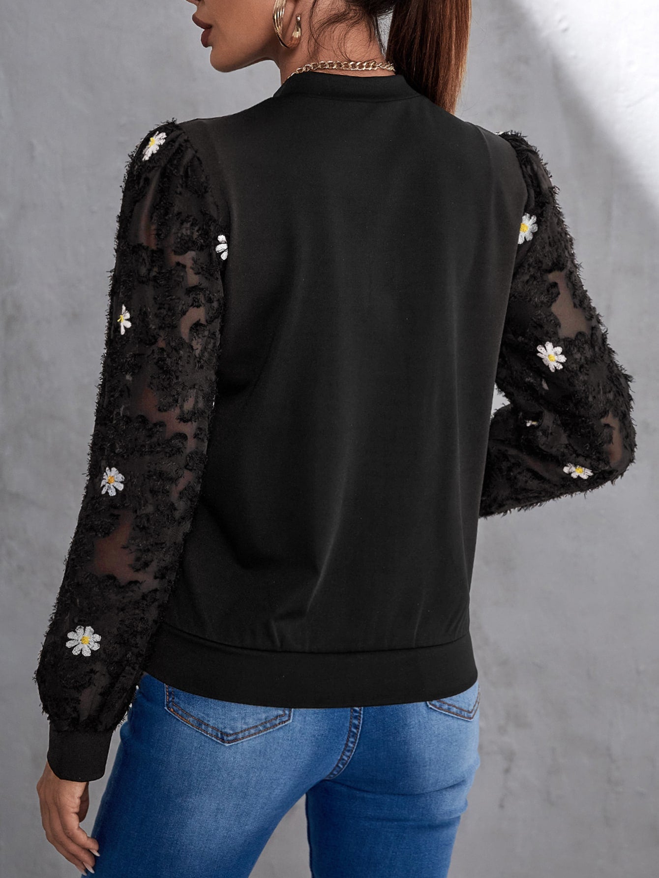 Floral Pattern Fuzzy Zipper Bomber Jacket