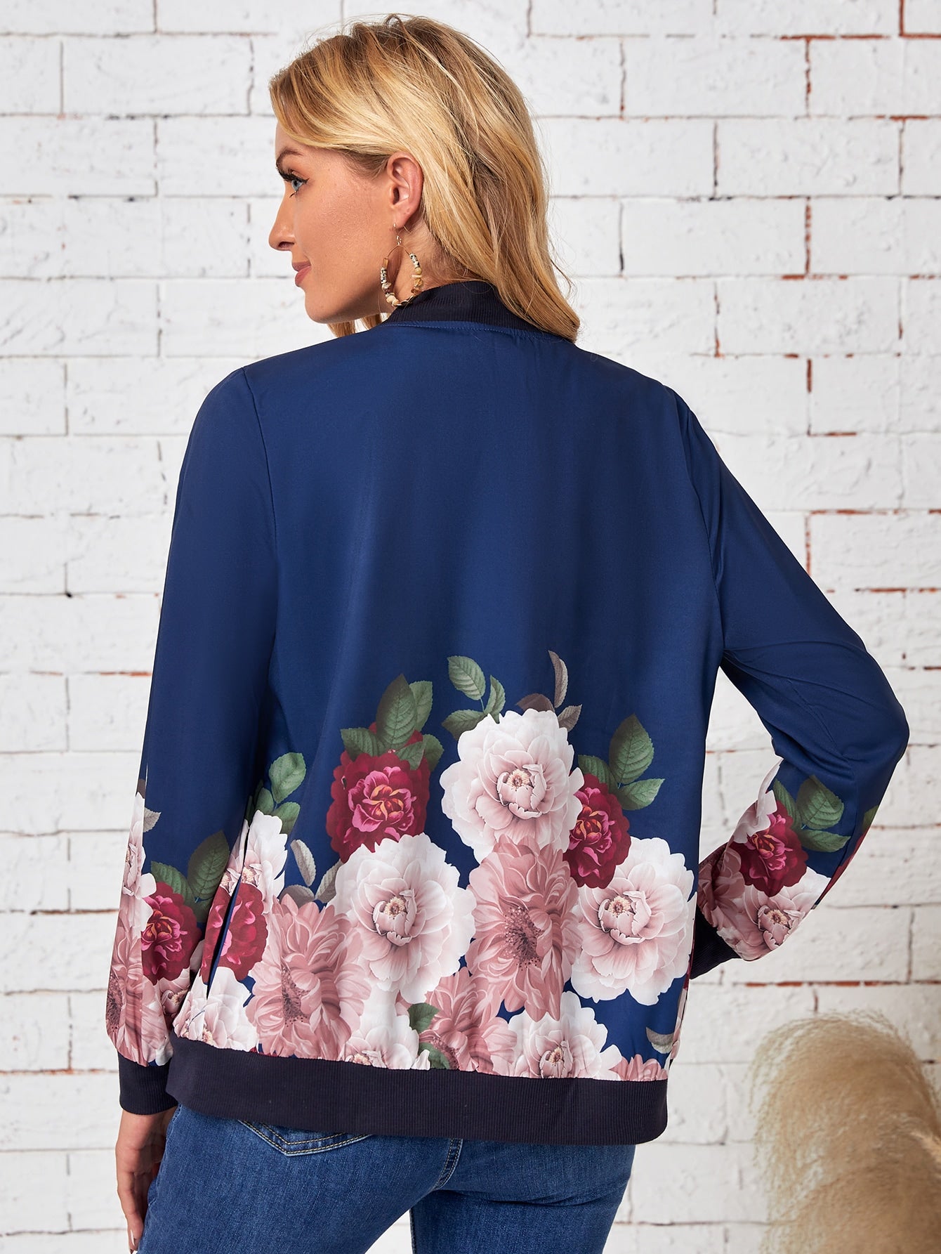 Floral Print Zip Up Bomber Jacket