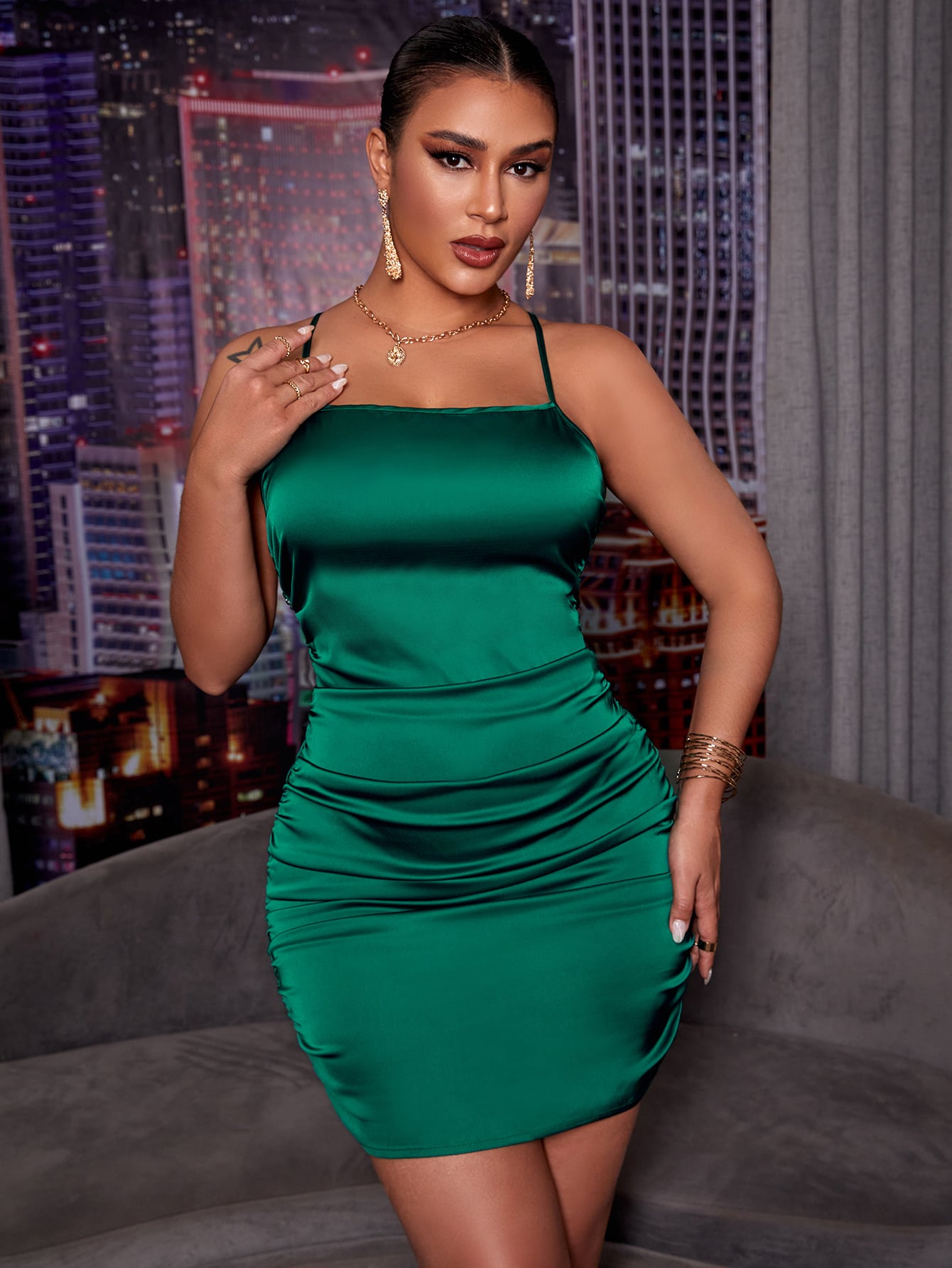 Solid Satin Backless Ruched Dress