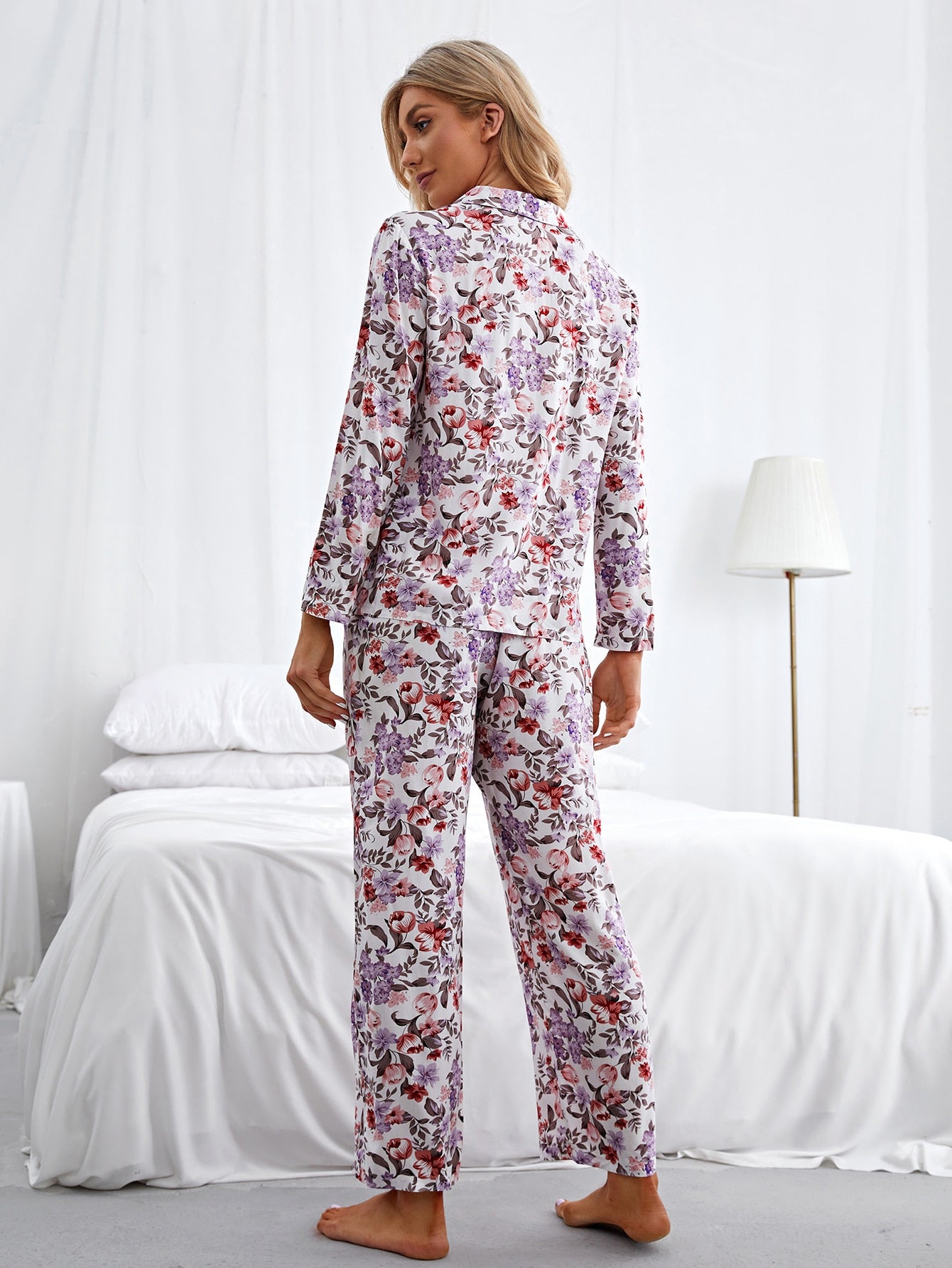 Floral Print Pocket Front PJ Set