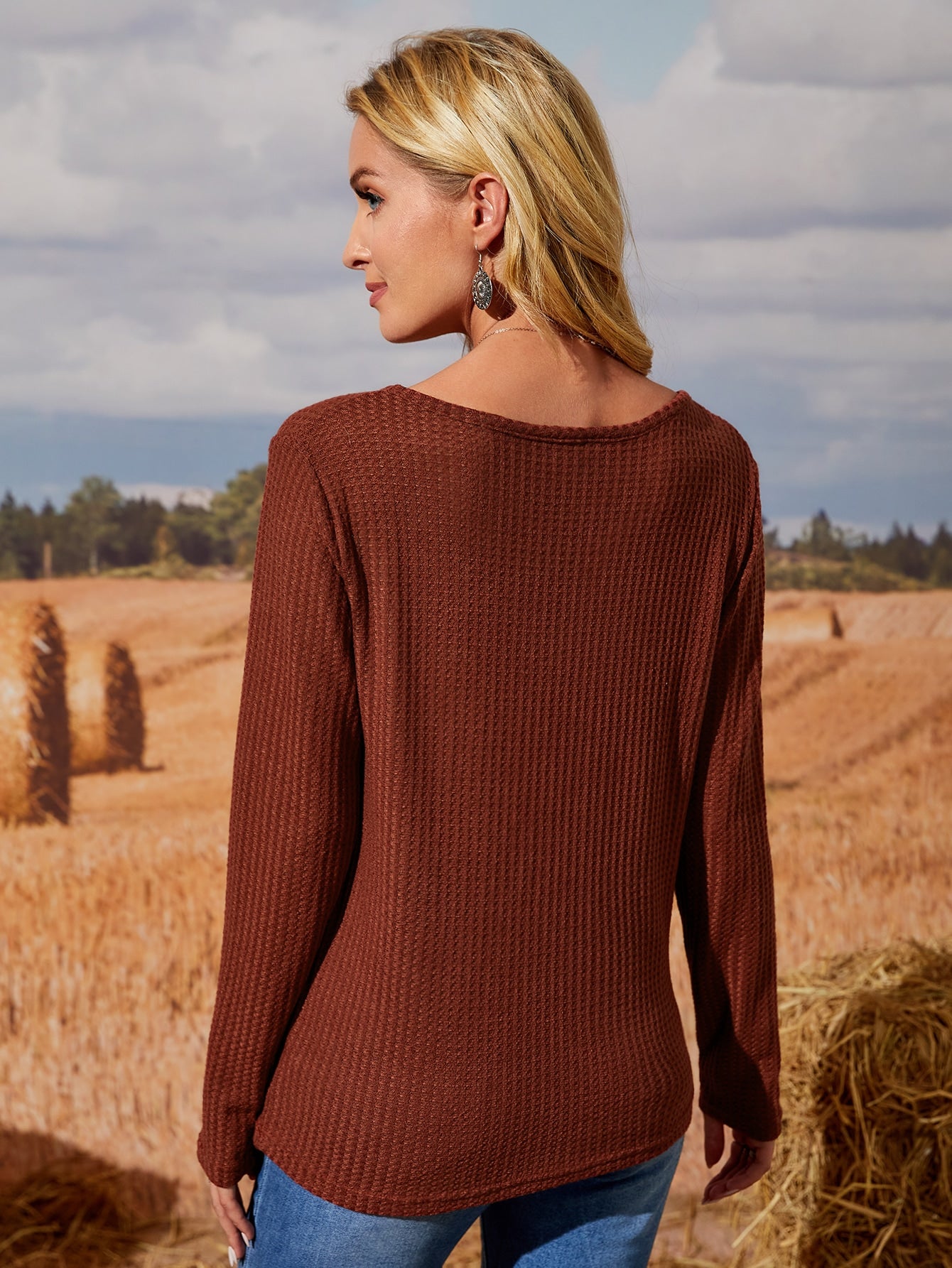 Waffle Knit Notched Neck Tee