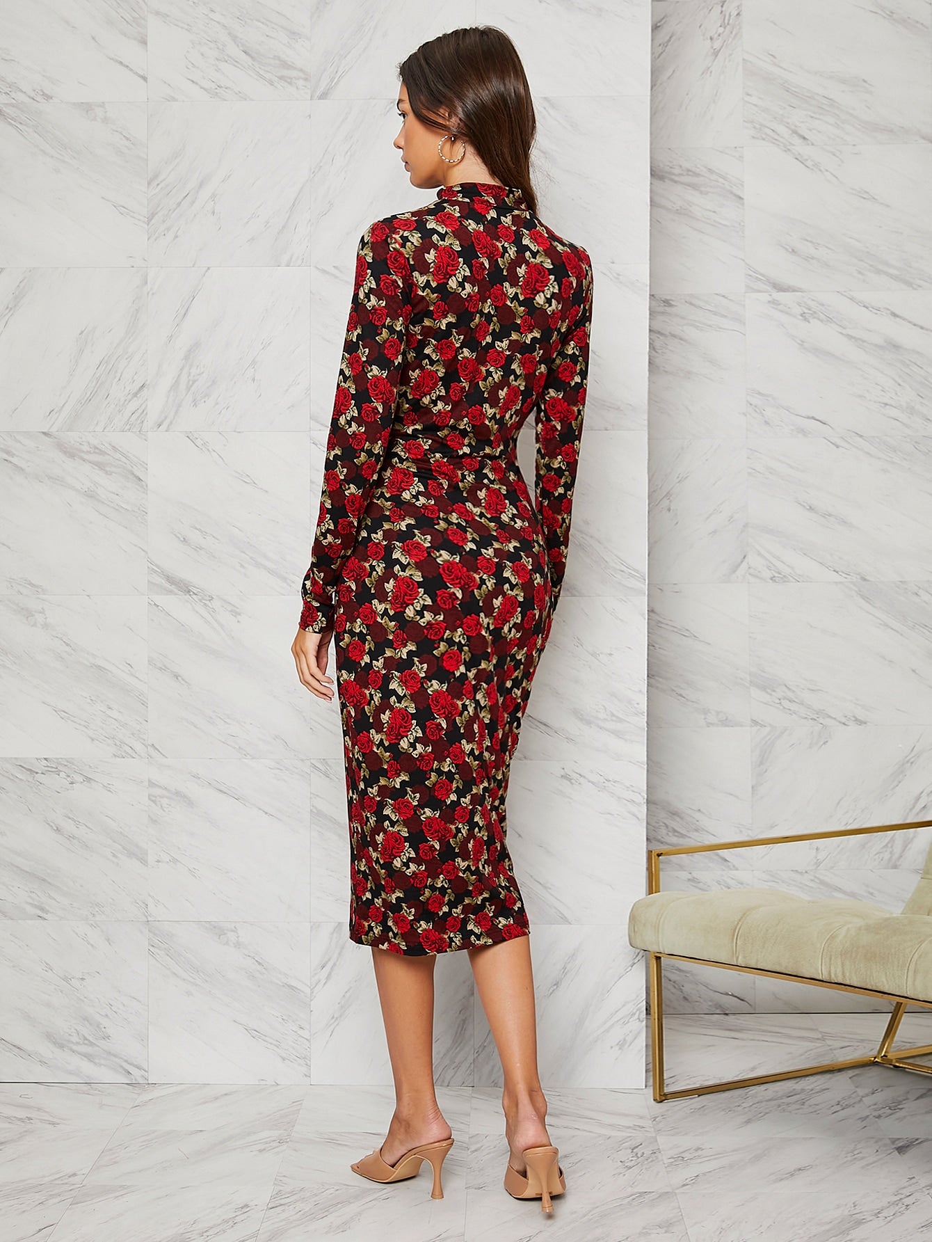 Allover Floral Print Mock Neck Bodycon Dress