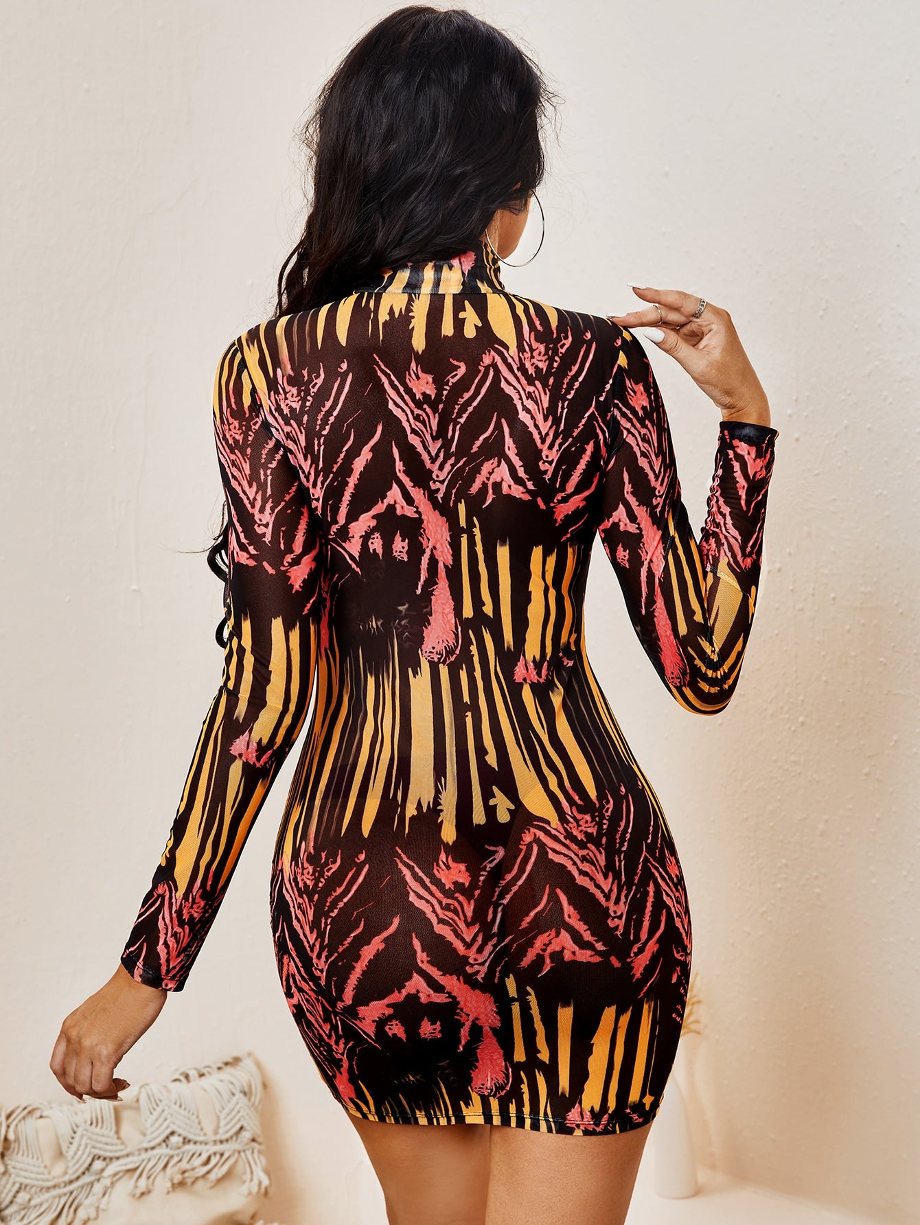 Allover Print Mesh Bodycon Dress