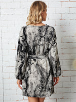 Graphic Print Lantern Sleeve Belted Shirt Dress