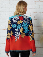 Floral Print Colorblock Contrast Embroidered Trim Open Front Coat