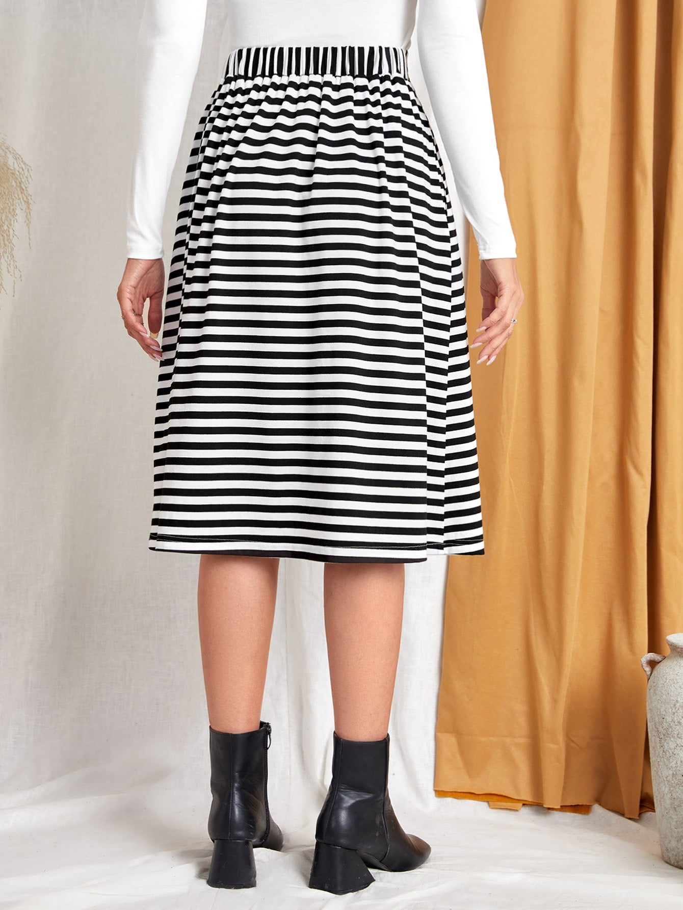High Waist Striped Fold Pleated Skirt