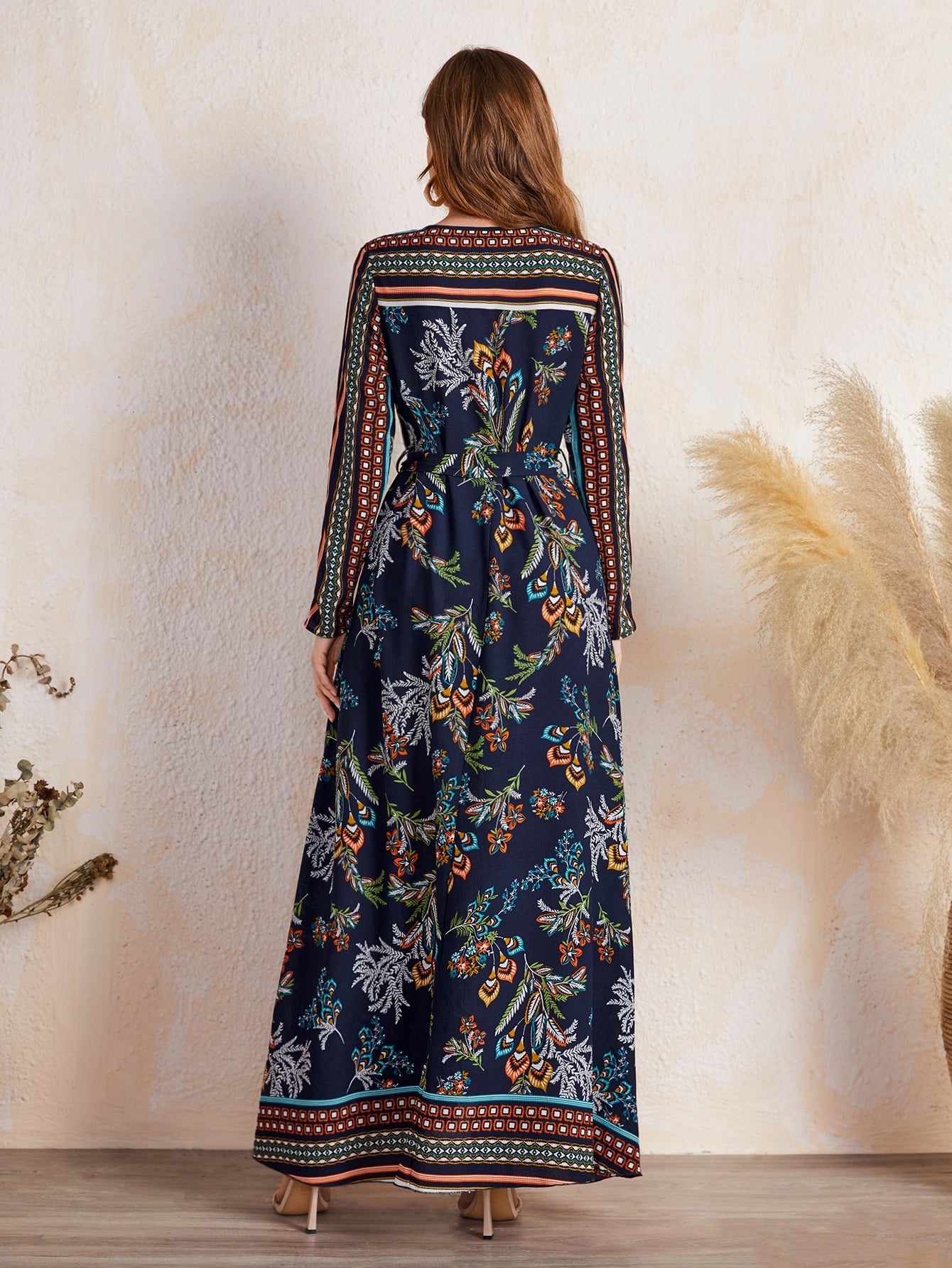 Floral Print Surplice Neck Belted Dress