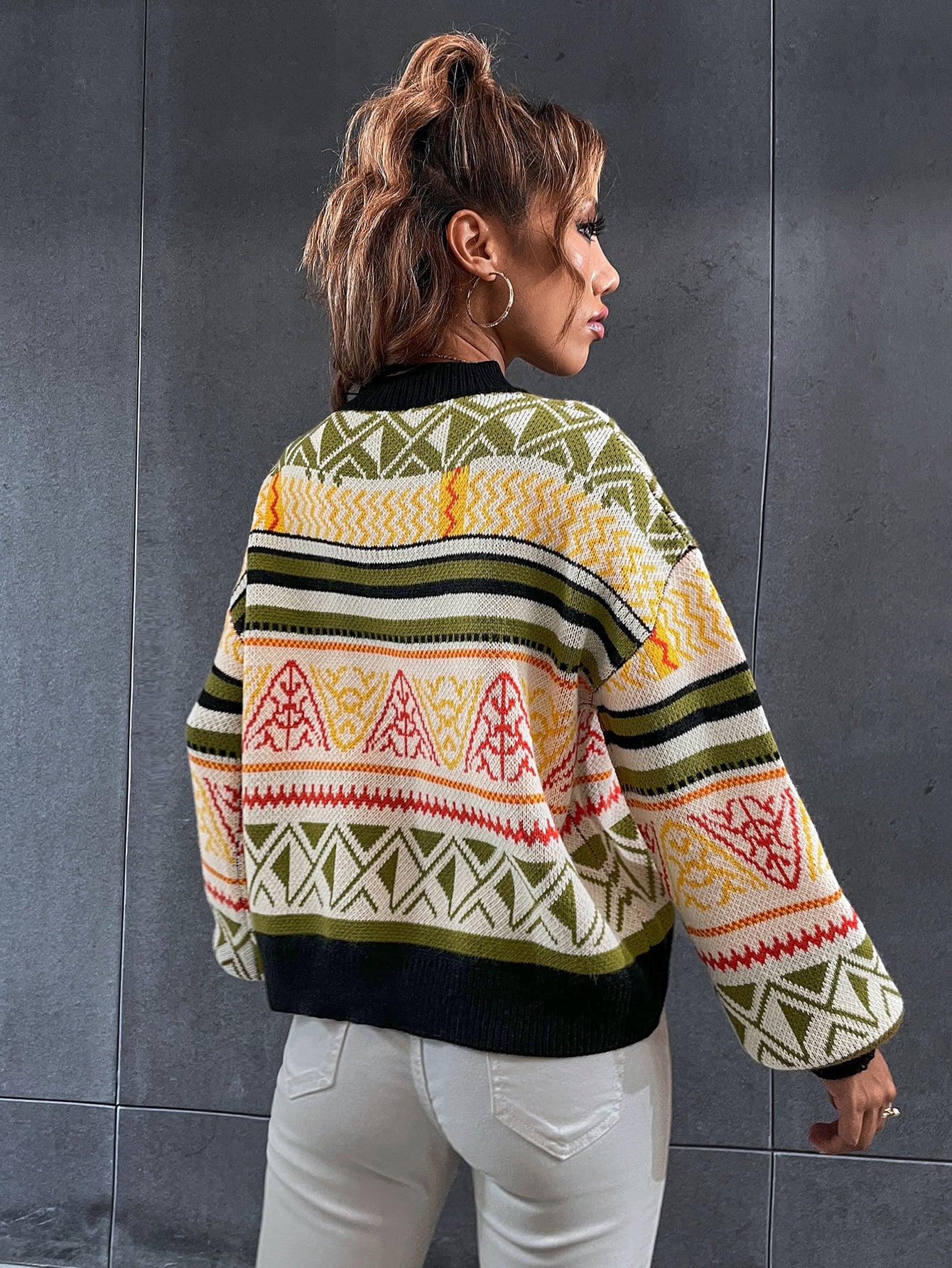 Geo & Striped Pattern Lantern Sleeve Sweater