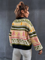 Geo & Striped Pattern Lantern Sleeve Sweater