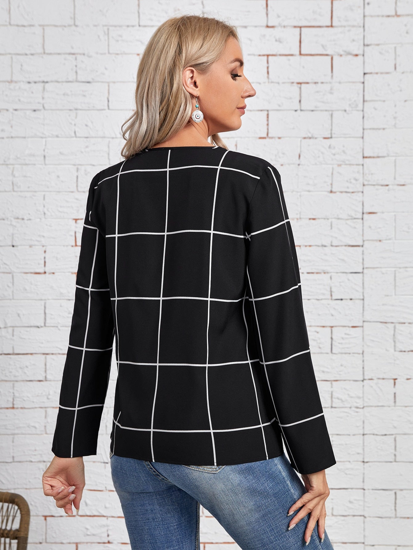 Grid Print Half Zip Blouse