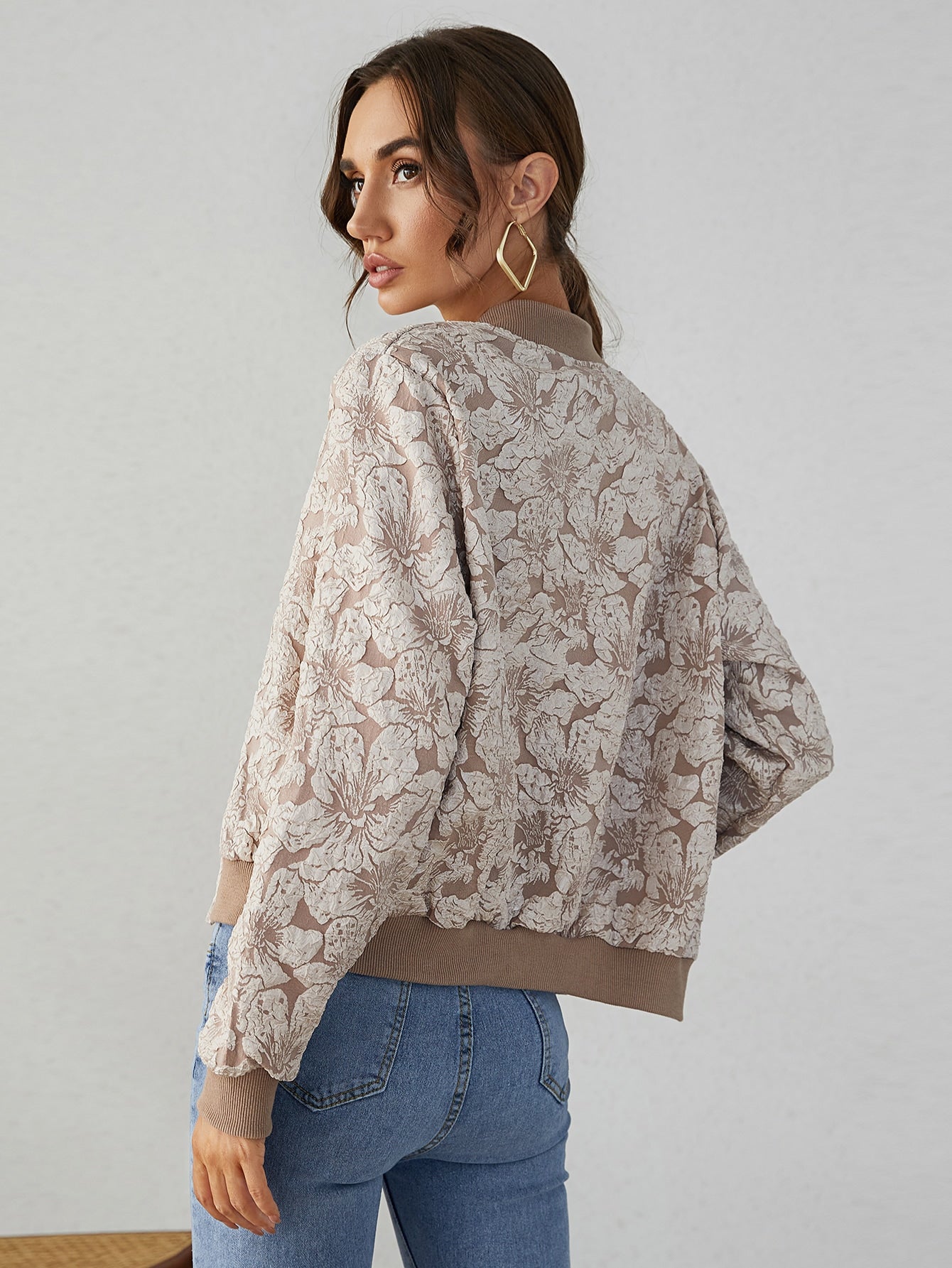 Allover Floral Print Zip Up Schiffy Bomber Jacket