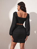 Ruched Cut Out Lantern Sleeve Sweetheart Neck Bodycon Dress