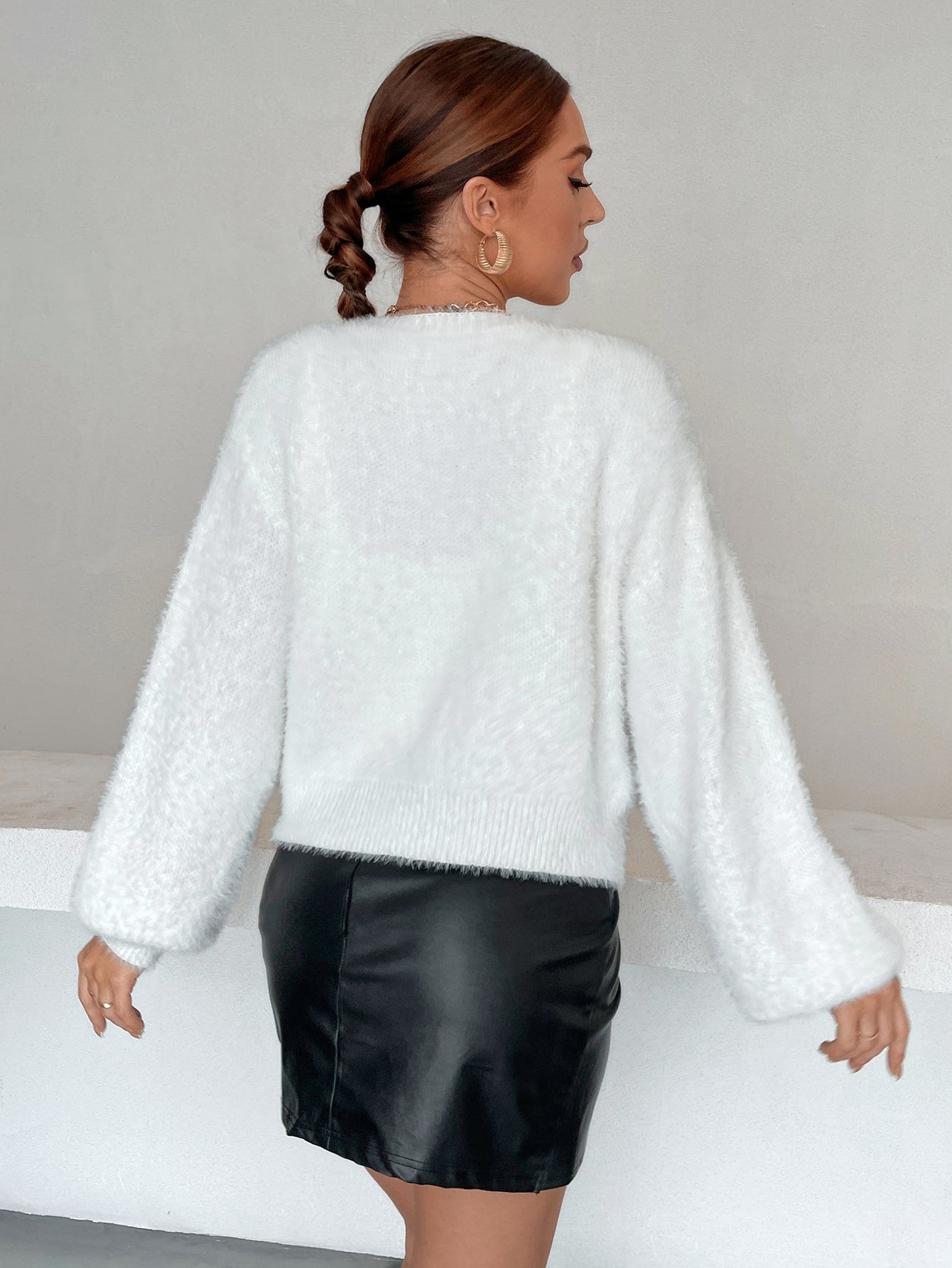 Drop Shoulder Fuzzy Cardigan & Crop Knit Top