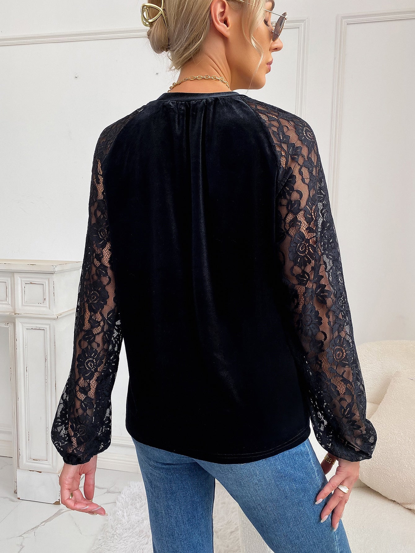 Contrast Lace Raglan Sleeve Top