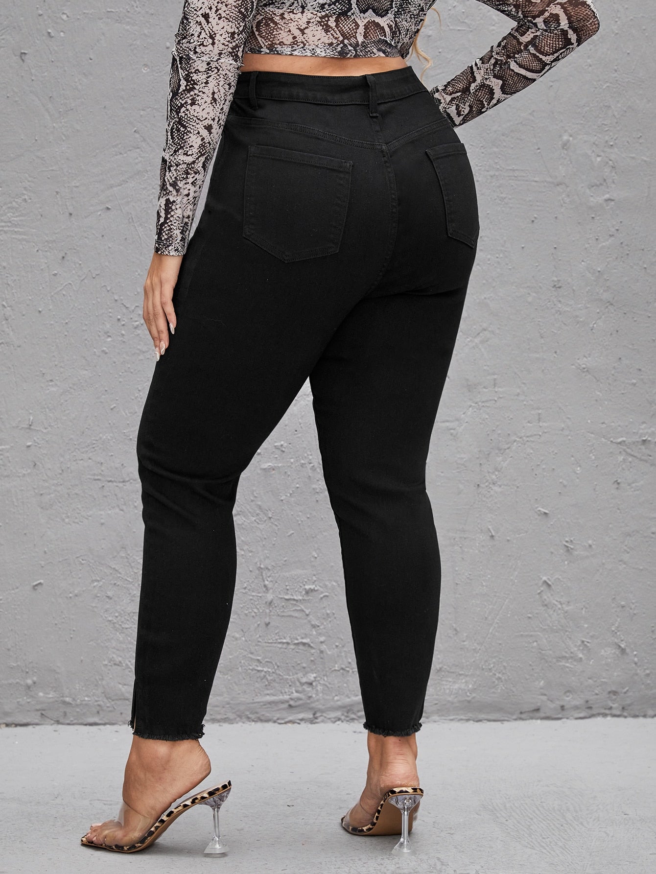 Plus Solid Skinny Zip Fly Split Jeans