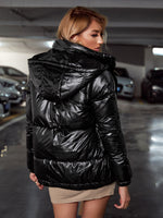 Drawstring Hooded Slant Pocket Puffer Coat