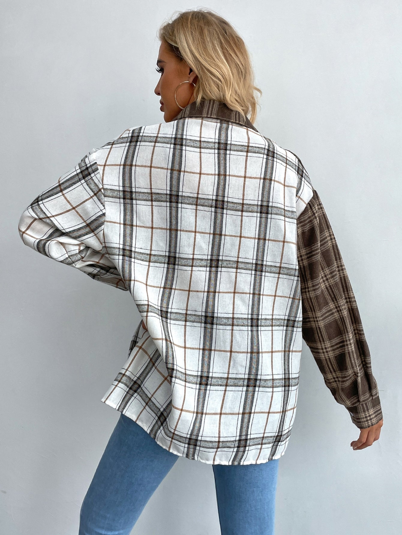 Plaid Print Drop Shoulder Colorblock Blouse