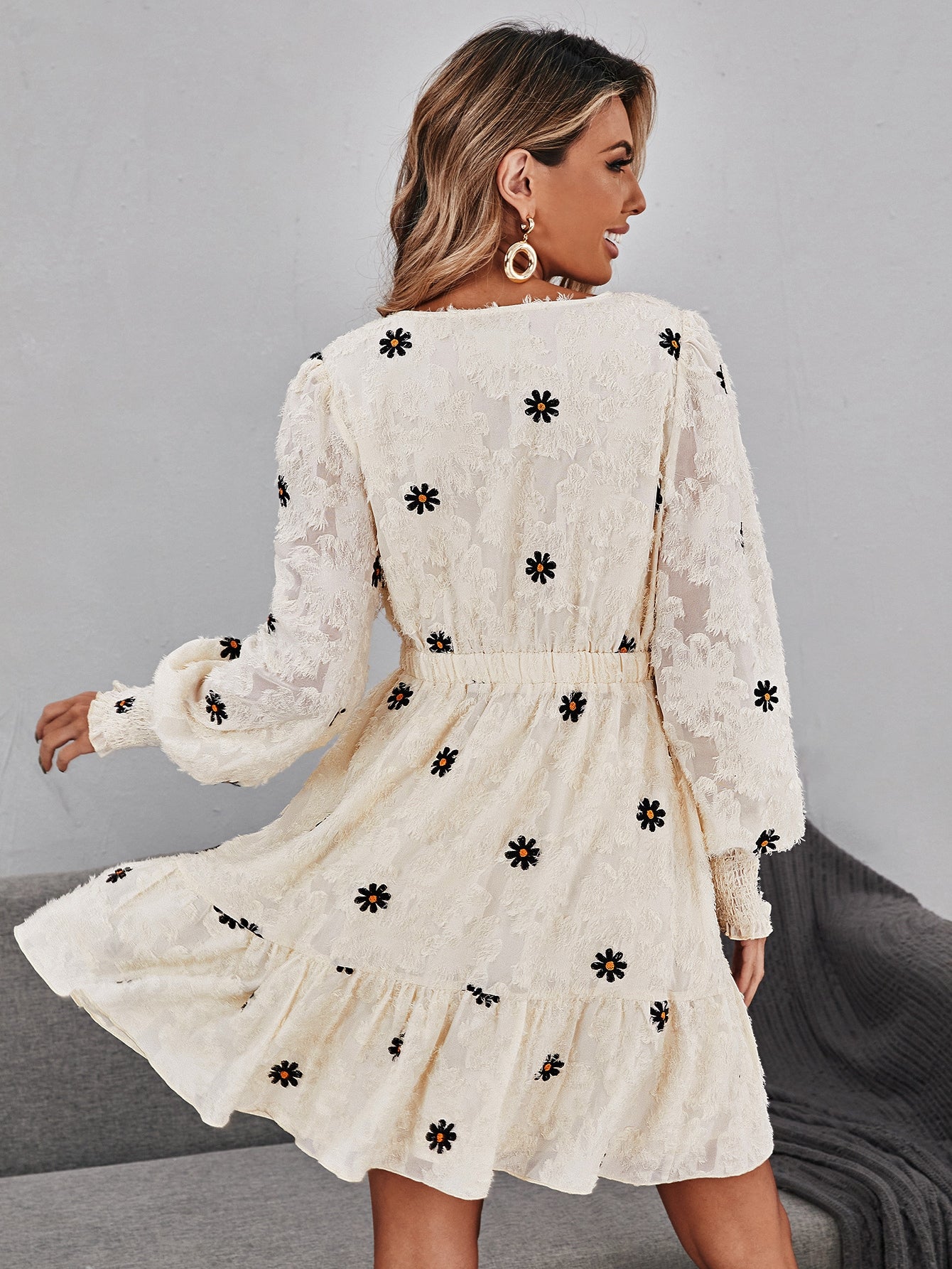 Floral Jacquard Lantern Sleeve Ruffle Hem Dress