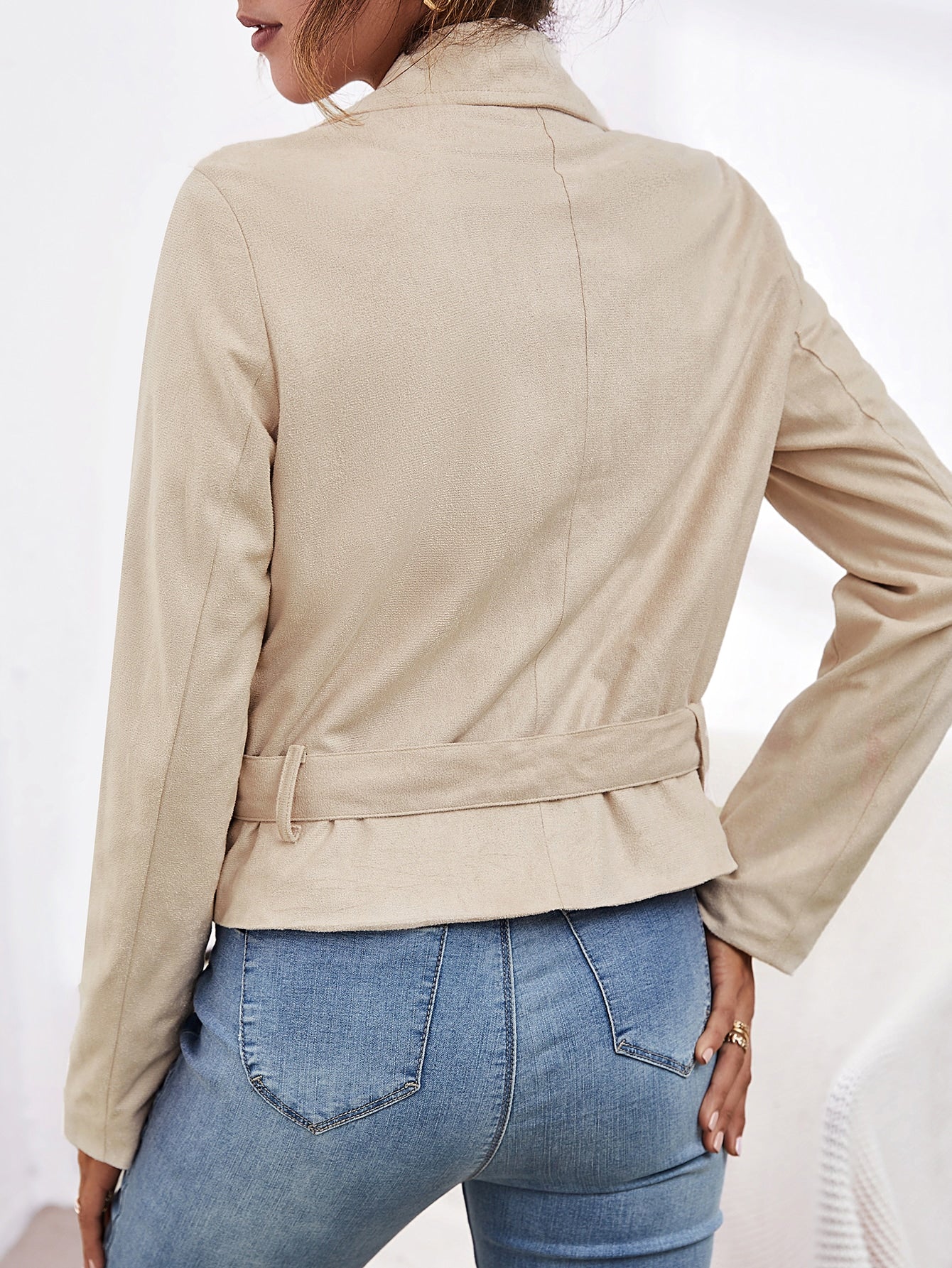 Zipper Buckled Belted Suede Biker Jacket