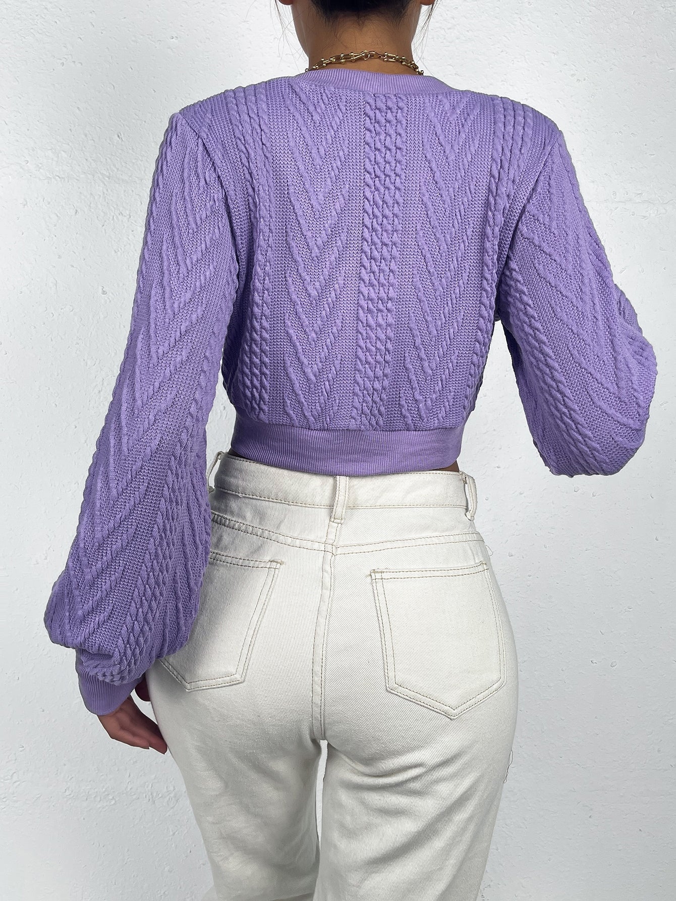Cable Knit Lantern Sleeve Crop Jacket