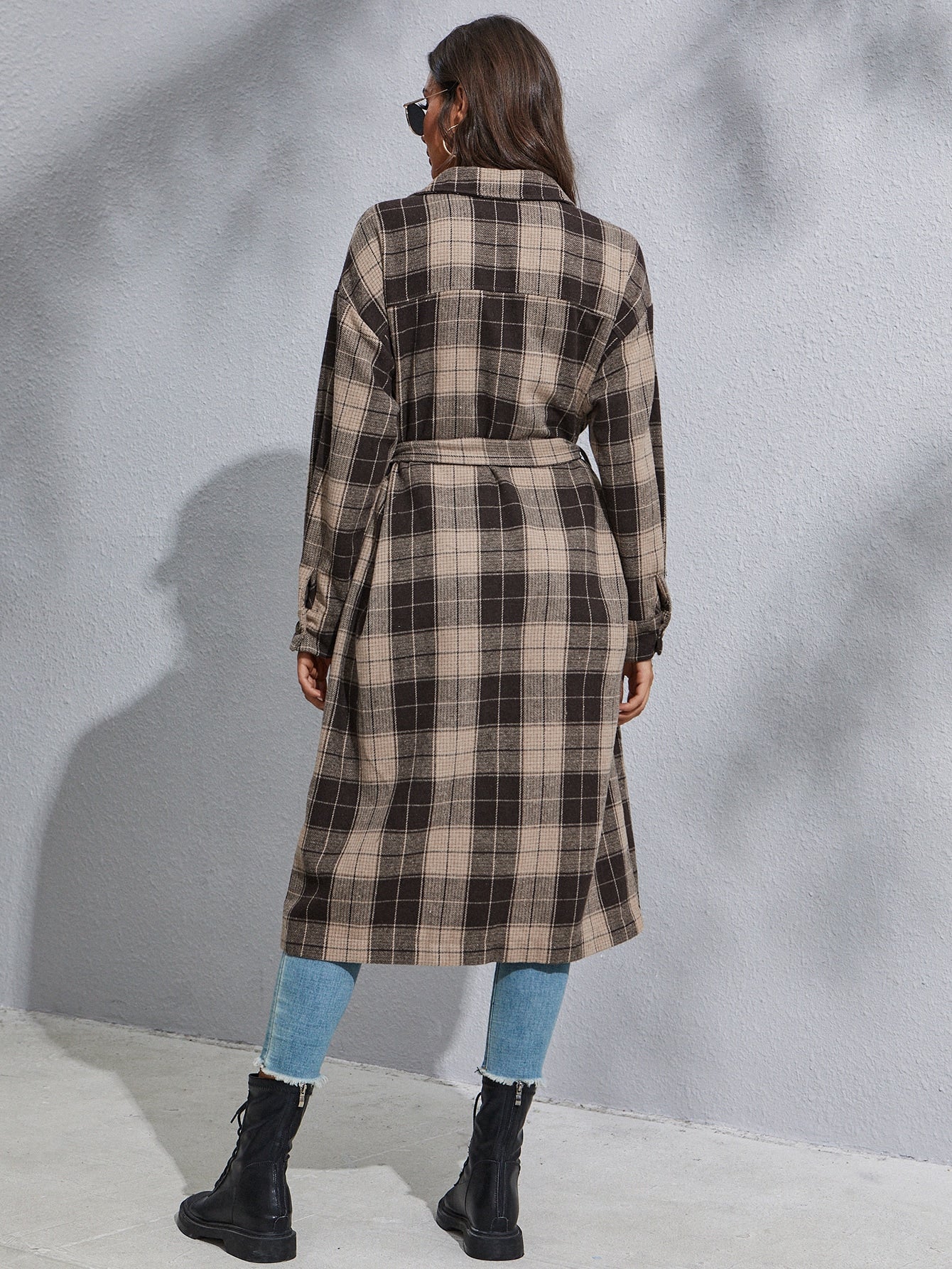 Tartan Print Drop Shoulder Belted Coat