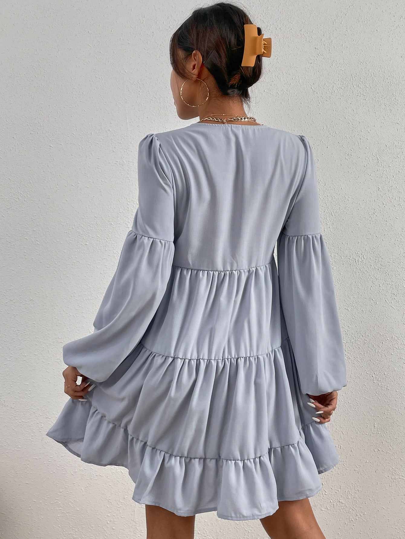 Lantern Sleeve Ruffle Hem Dress
