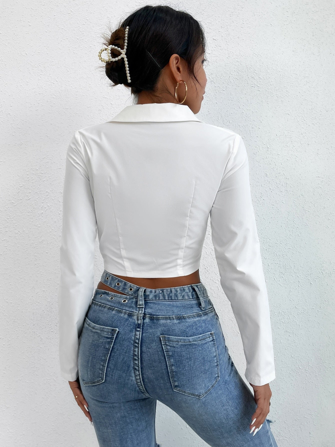 Button Front Ruched Crop Blouse