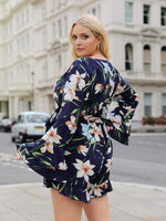 Plus Floral Print Flounce Sleeve Ruffle Hem Belted Dress