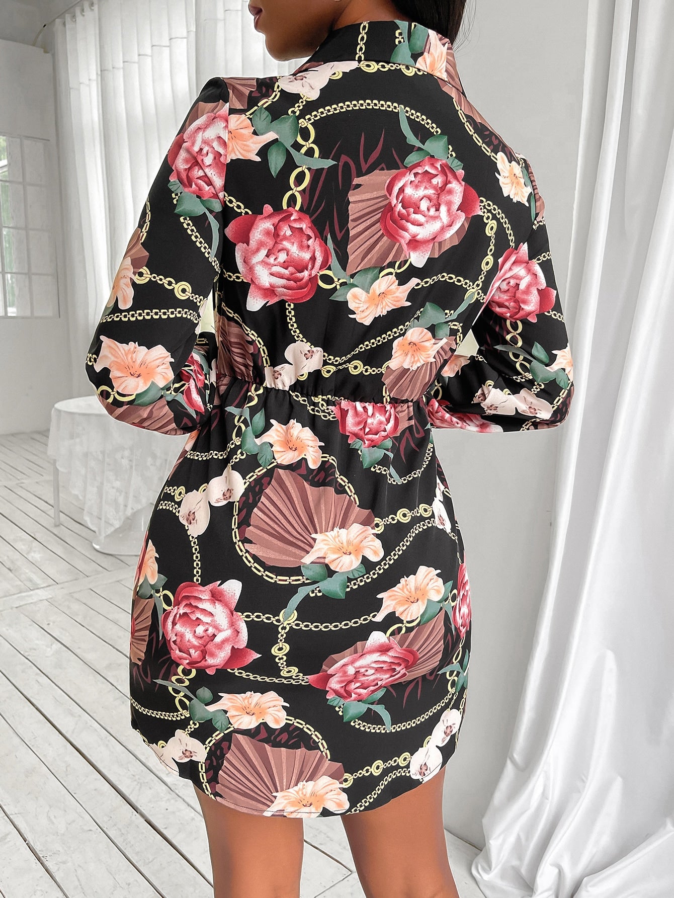 Random Floral And Chain Print Belted Shirt Dress